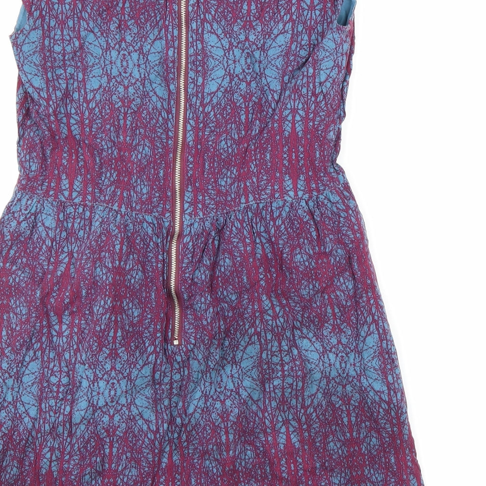 Ness Womens Blue Geometric Viscose A-Line Size 10 V-Neck Zip