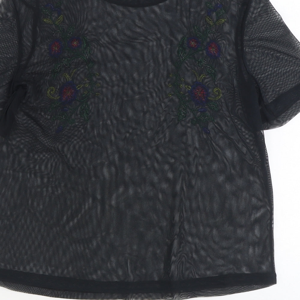 Zara Womens Black Polyester Basic T-Shirt Size S Round Neck - Flower Detail