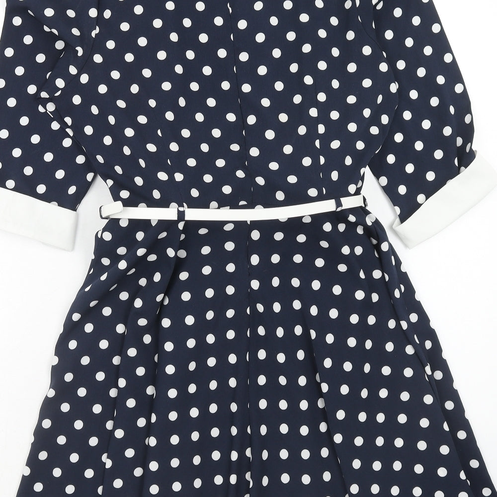 Yumi Womens Blue Polka Dot Polyester Fit & Flare Size 12 Round Neck Zip