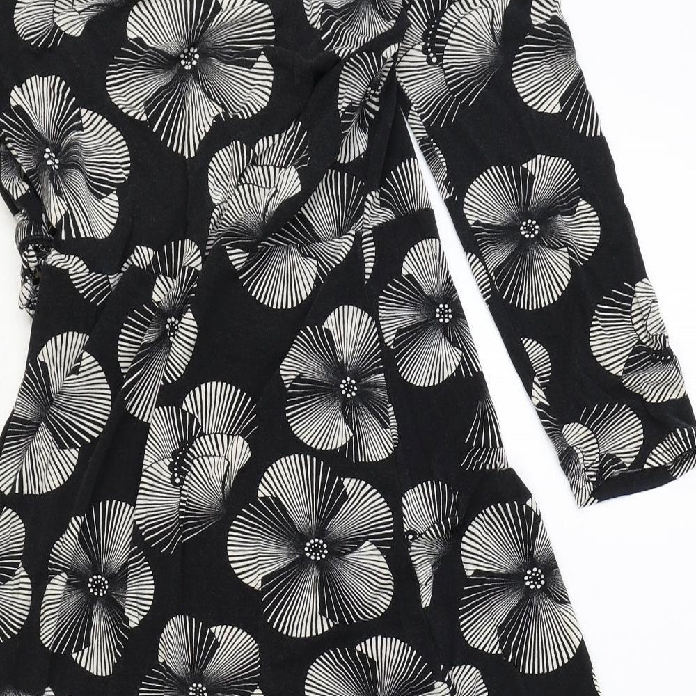 M&Co Womens Black Floral Viscose Wrap Dress Size 8 V-Neck Pullover