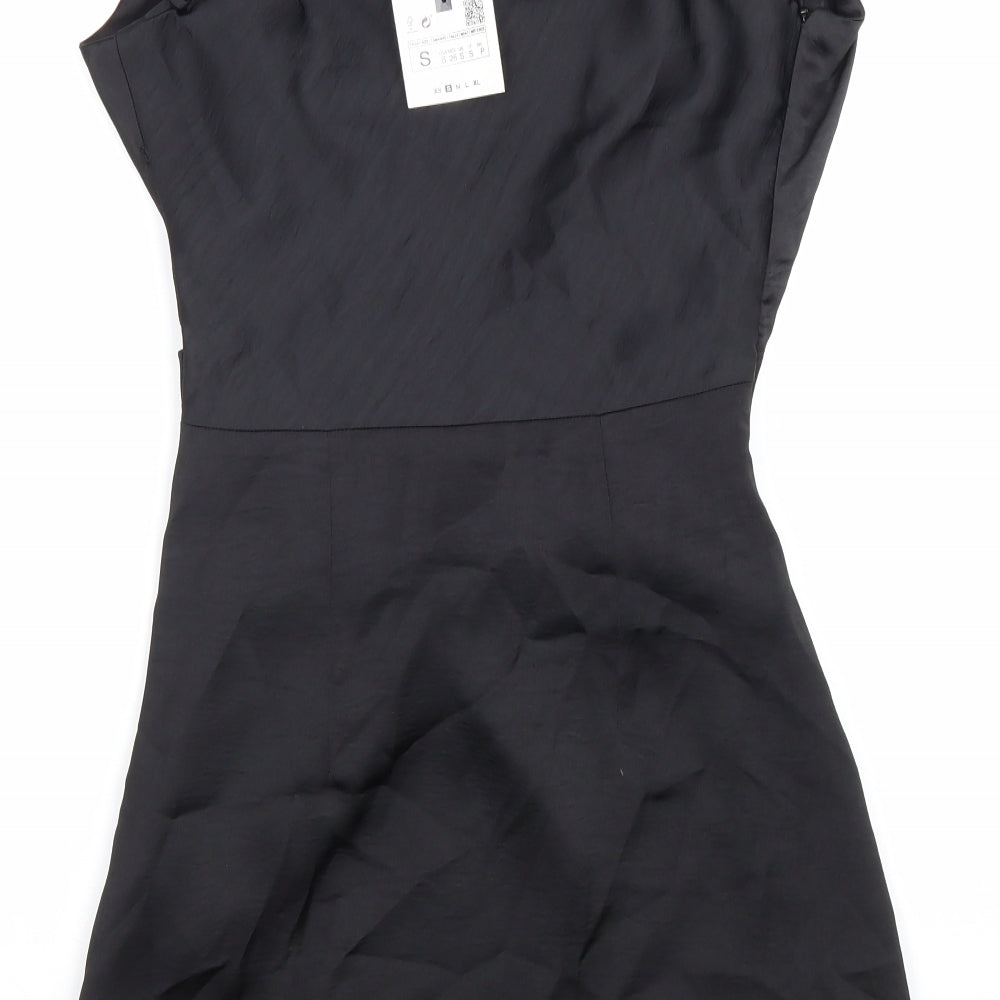 Zara Womens Black Polyester Shift Size S Cowl Neck Zip