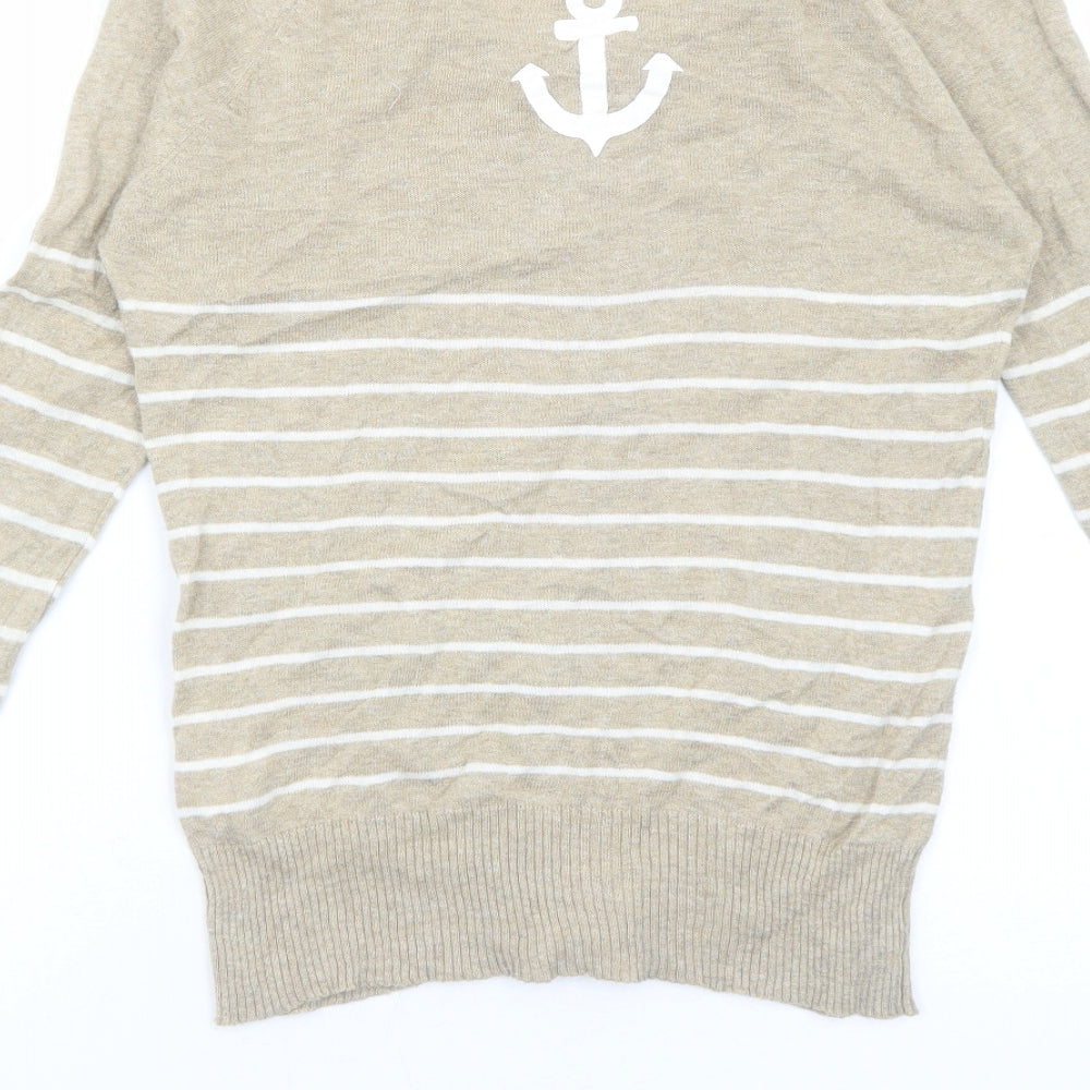 Preworn Womens Beige V-Neck Striped Cotton Cardigan Jumper Size S