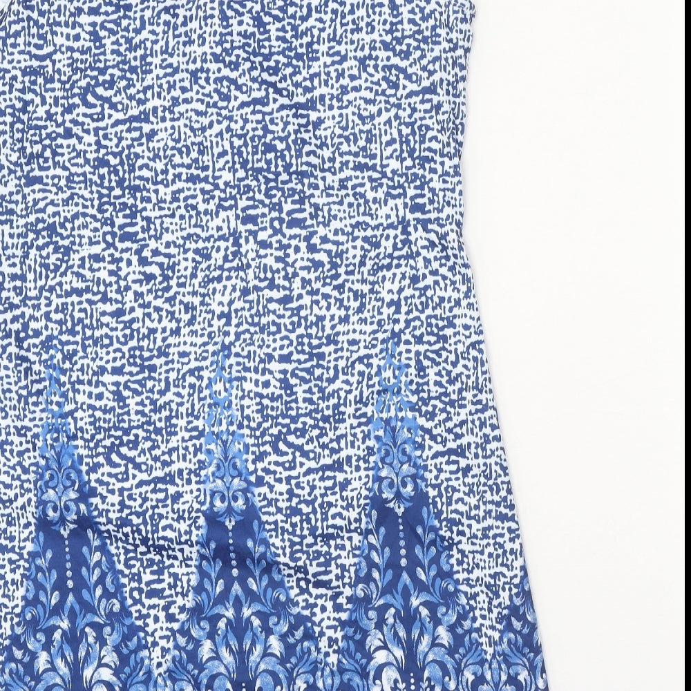 Preworn Womens Blue Geometric Polyester Shift Size L Round Neck Pullover - Ring Detail