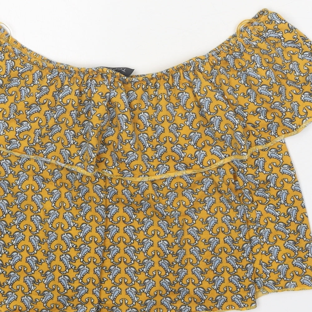 Topshop Womens Yellow Geometric Polyester Basic Blouse Size 6 Off the Shoulder