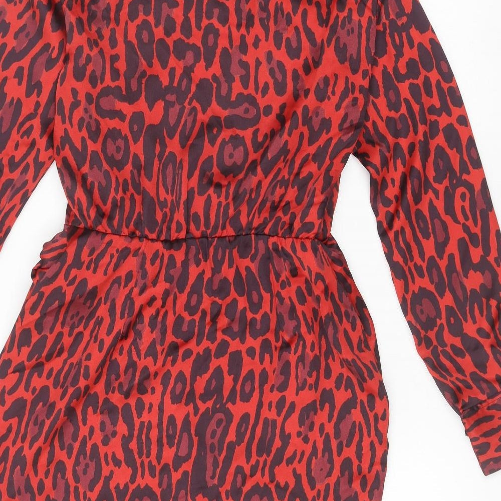 Zara Womens Red Animal Print Polyester Shift Size XS V-Neck Tie - Leopard Print