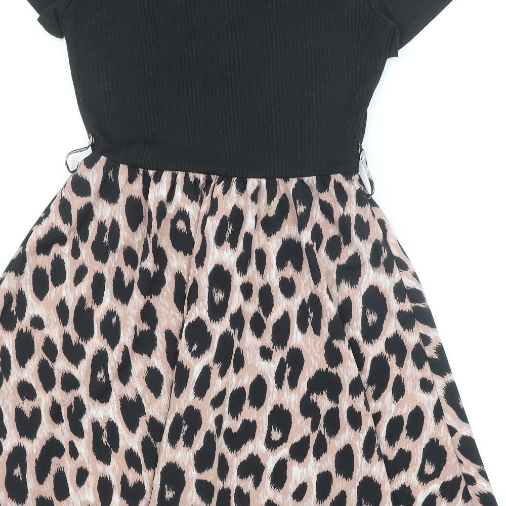 SheIn Womens Black Animal Print Polyester Skater Dress Size S Round Neck Pullover - Leopard Pattern