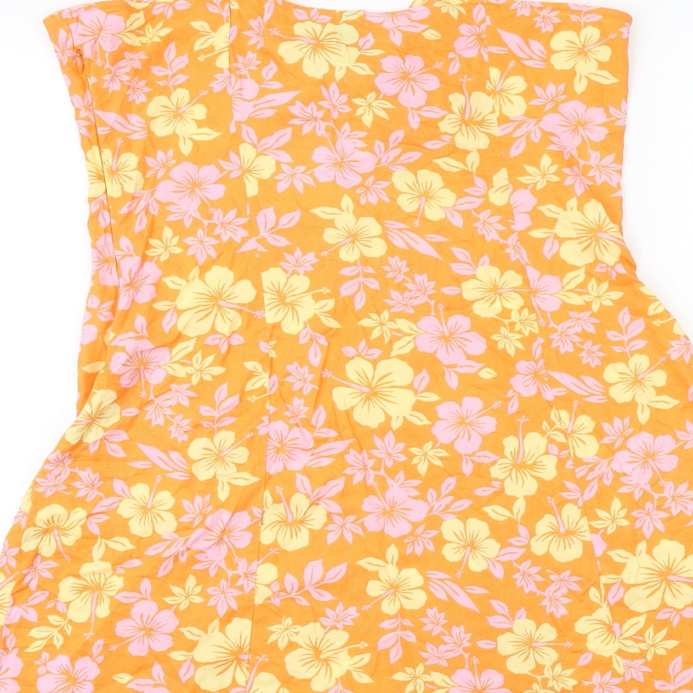 H&M Womens Orange Floral Viscose Mini Size 14 V-Neck Zip