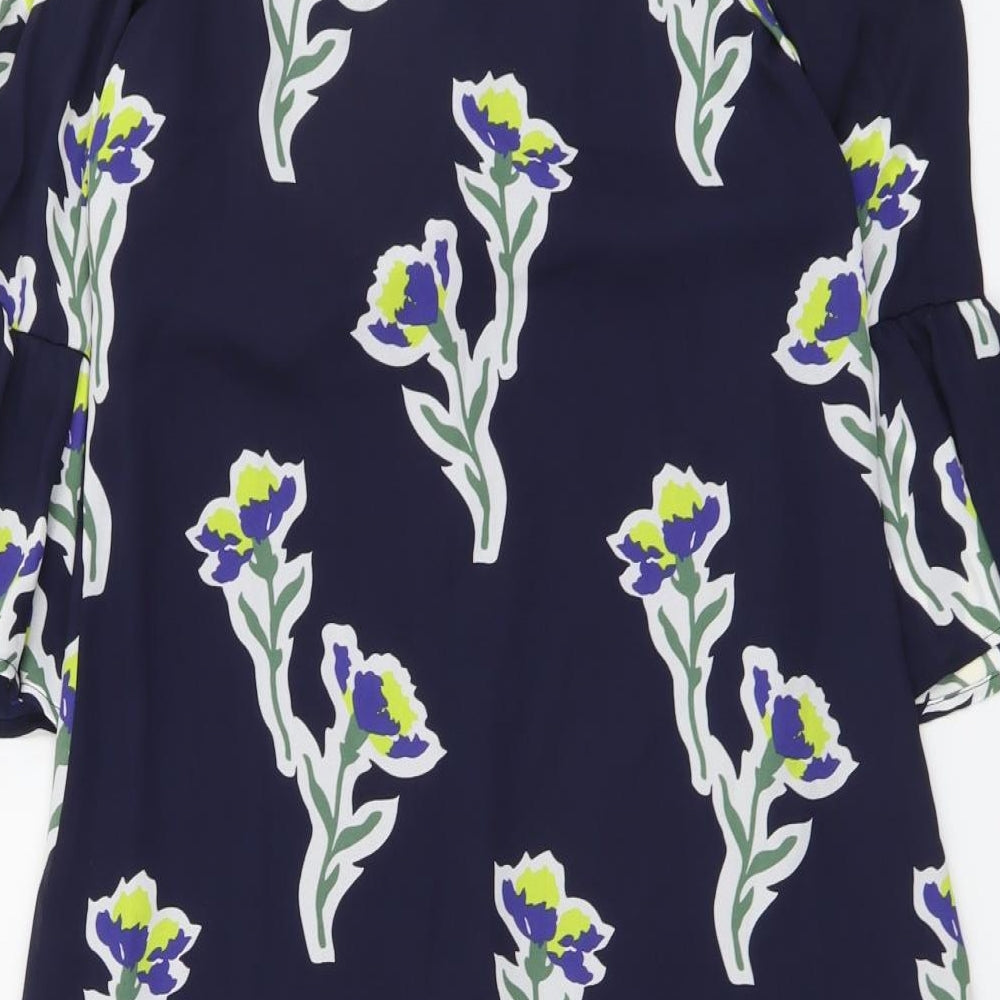 Warehouse Womens Blue Floral Polyester Shift Size 6 Off the Shoulder Zip