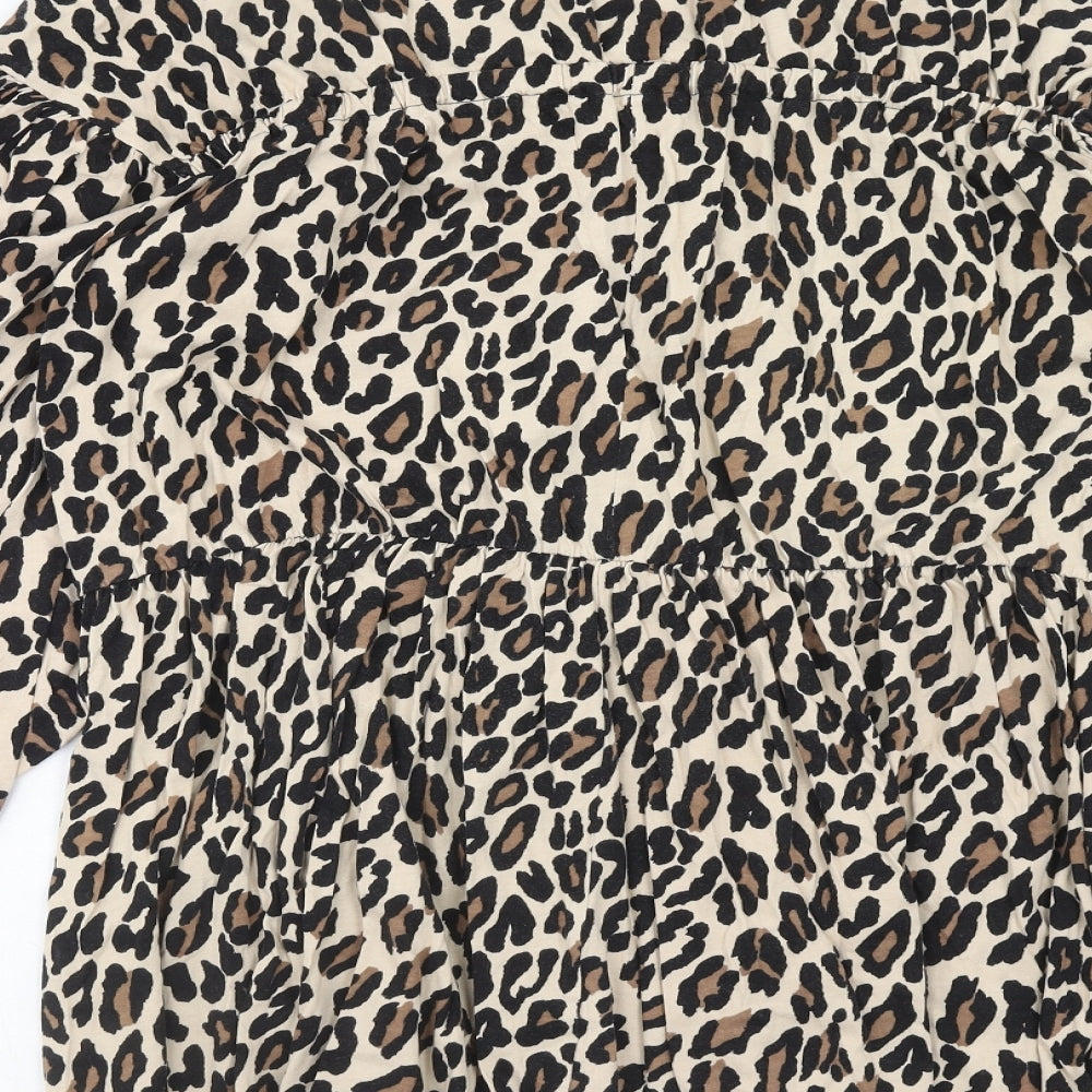 ASOS Womens Brown Animal Print Cotton Fit & Flare Size 10 V-Neck Pullover - Leopard Pattern