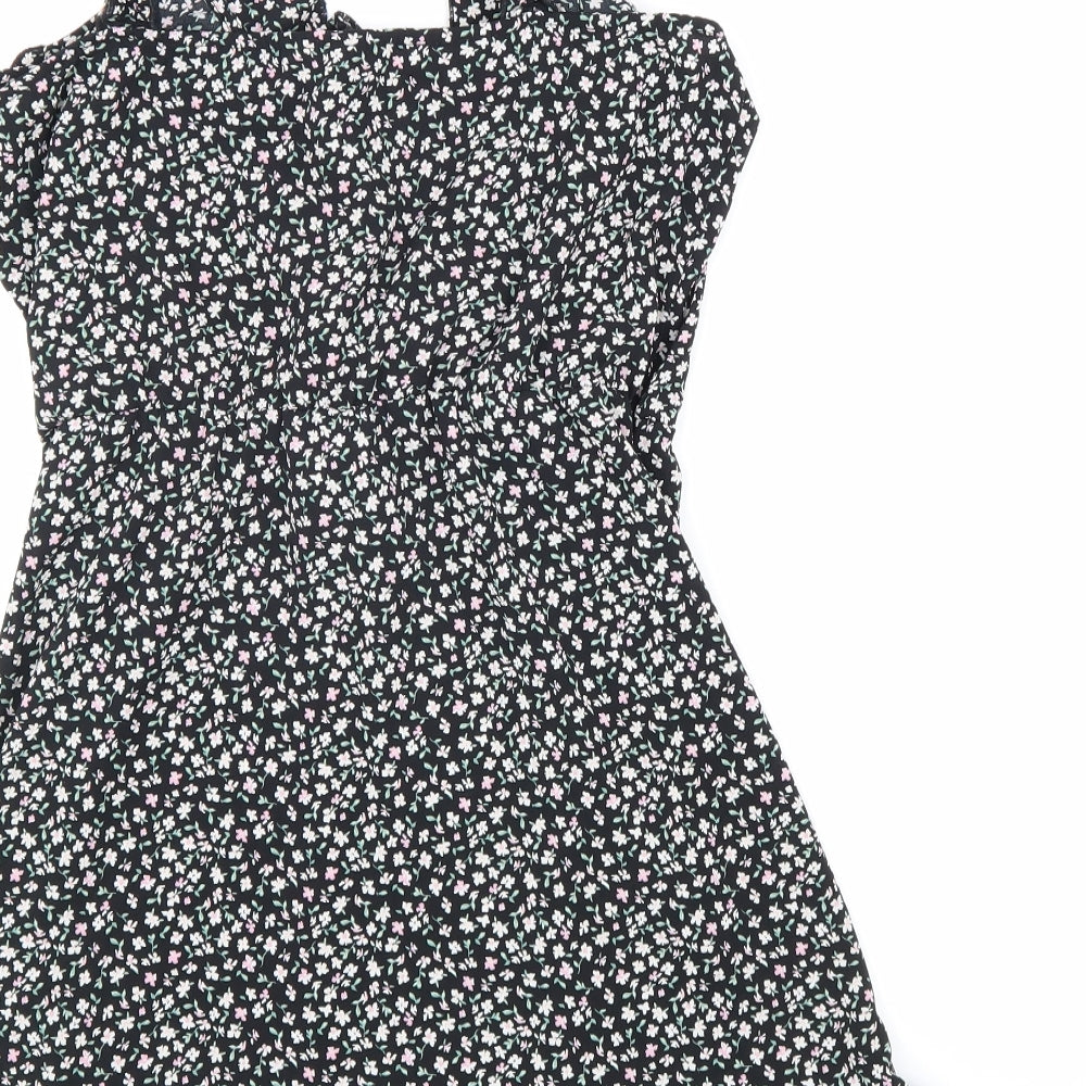Divided Womens Black Floral Polyester Trapeze & Swing Size 12 V-Neck Pullover