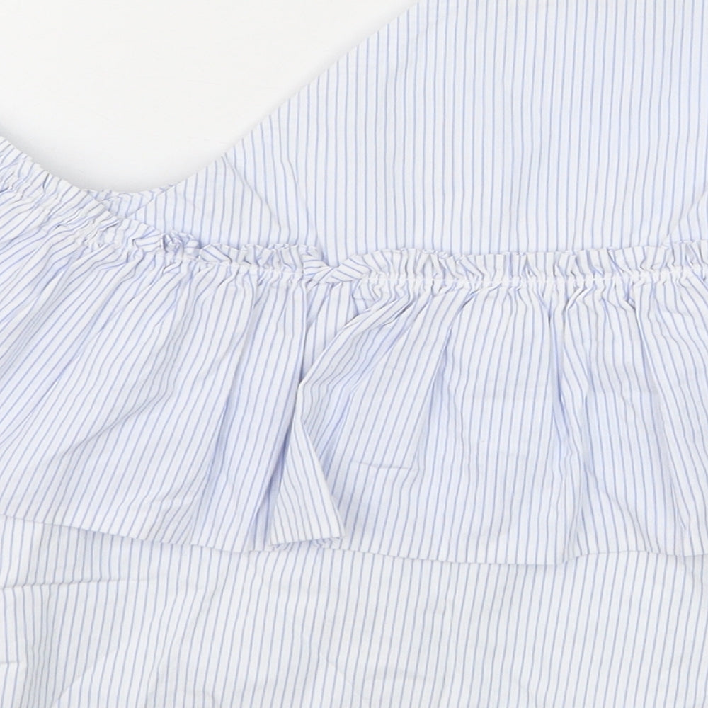 Zara Womens Blue Striped 100% Cotton Basic Blouse Size XS One Shoulder