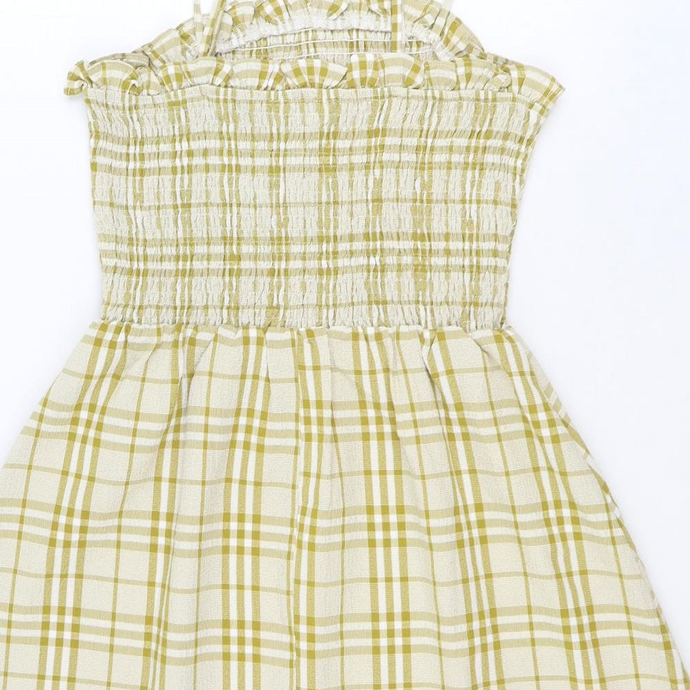 Gilli Womens Yellow Plaid Polyester Fit & Flare Size M Square Neck Pullover