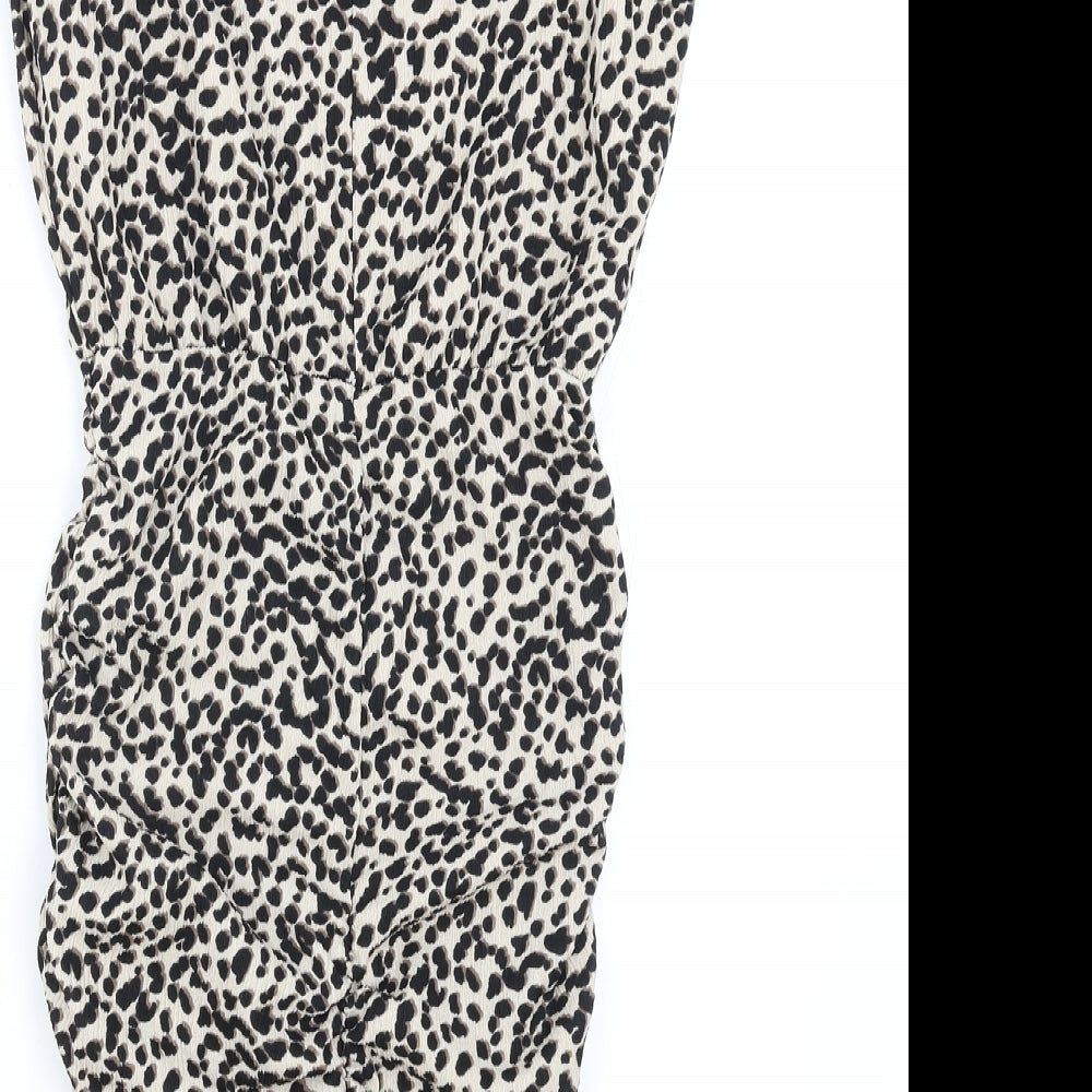 New Look Womens Brown Animal Print Viscose Pencil Dress Size 4 Round Neck Button - Leopard Pattern Shoulder Pads