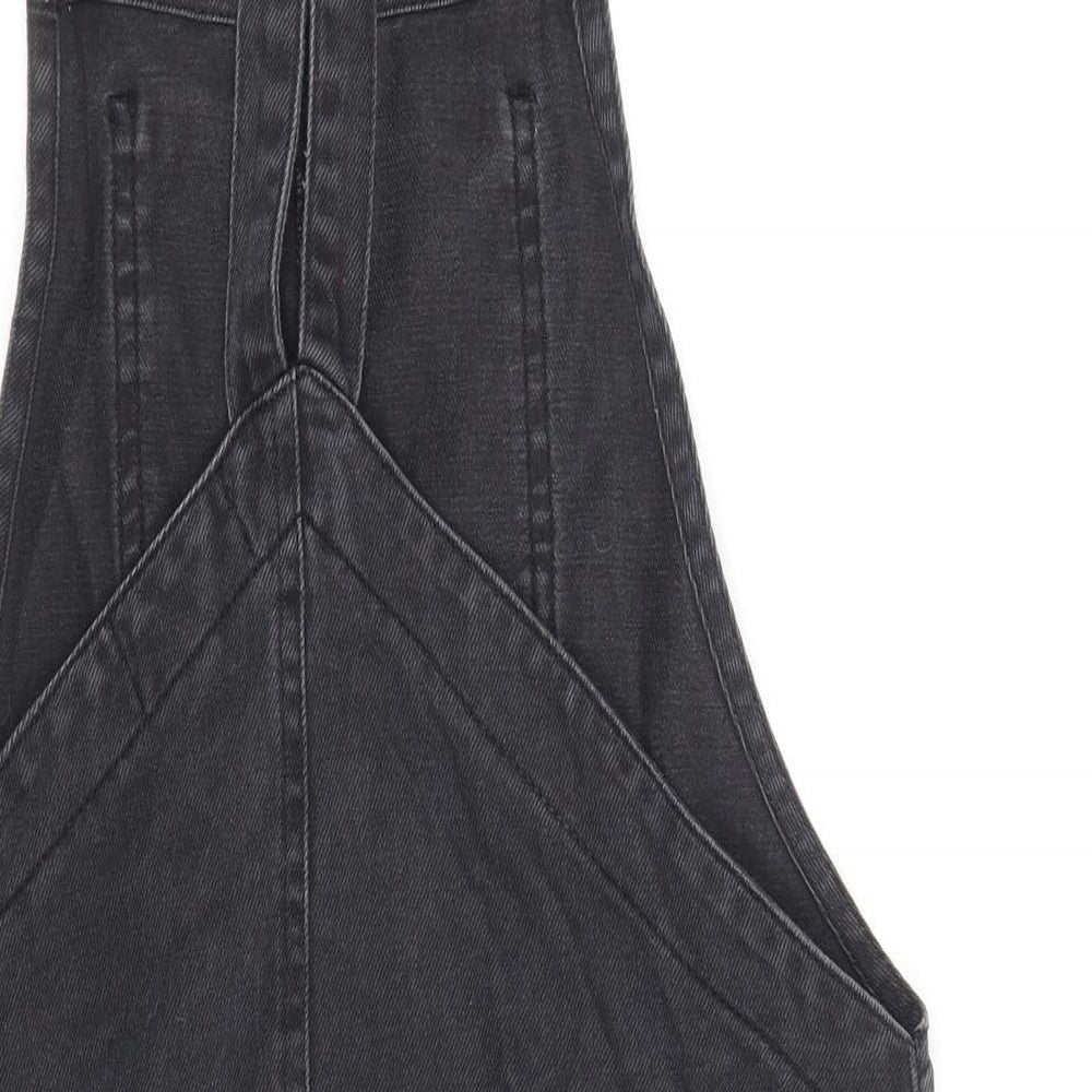 New Look Womens Black 100% Cotton Pinafore/Dungaree Dress Size 6 Square Neck Button