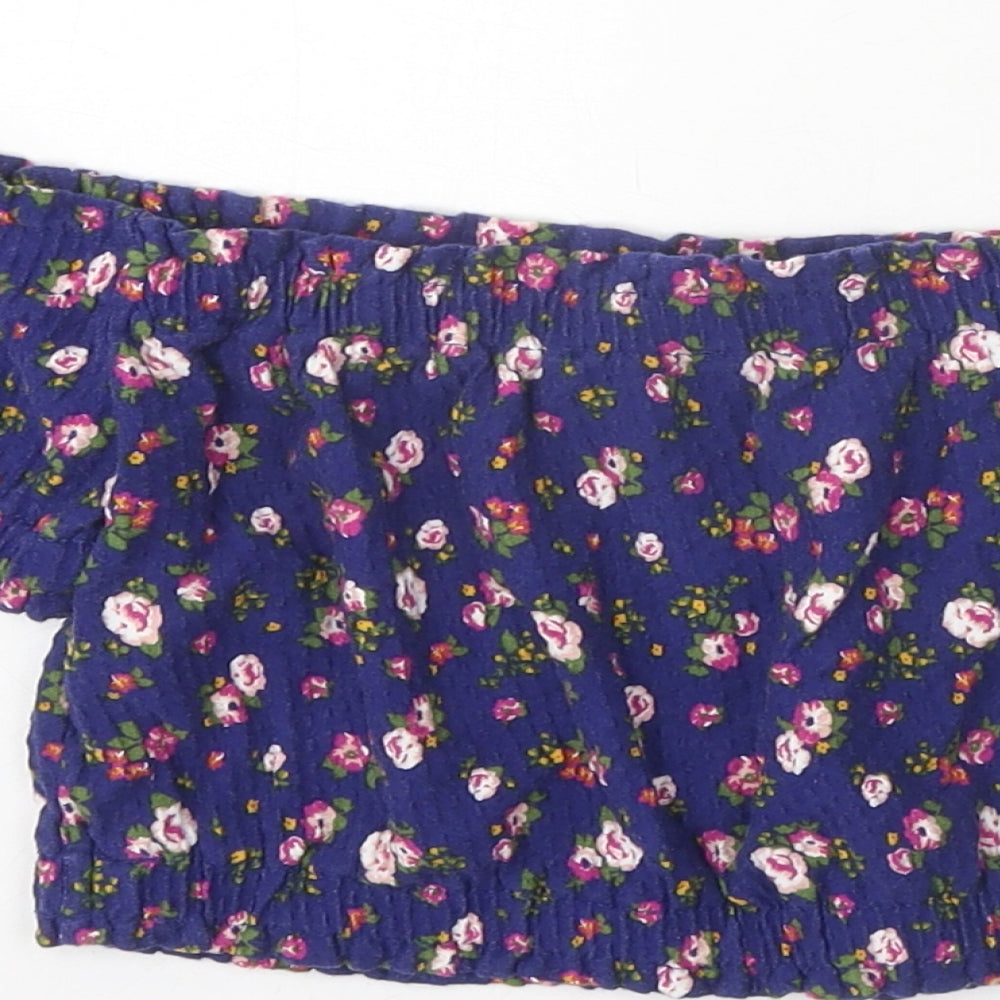 Topshop Womens Blue Floral Cotton Cropped Blouse Size 6 Off the Shoulder