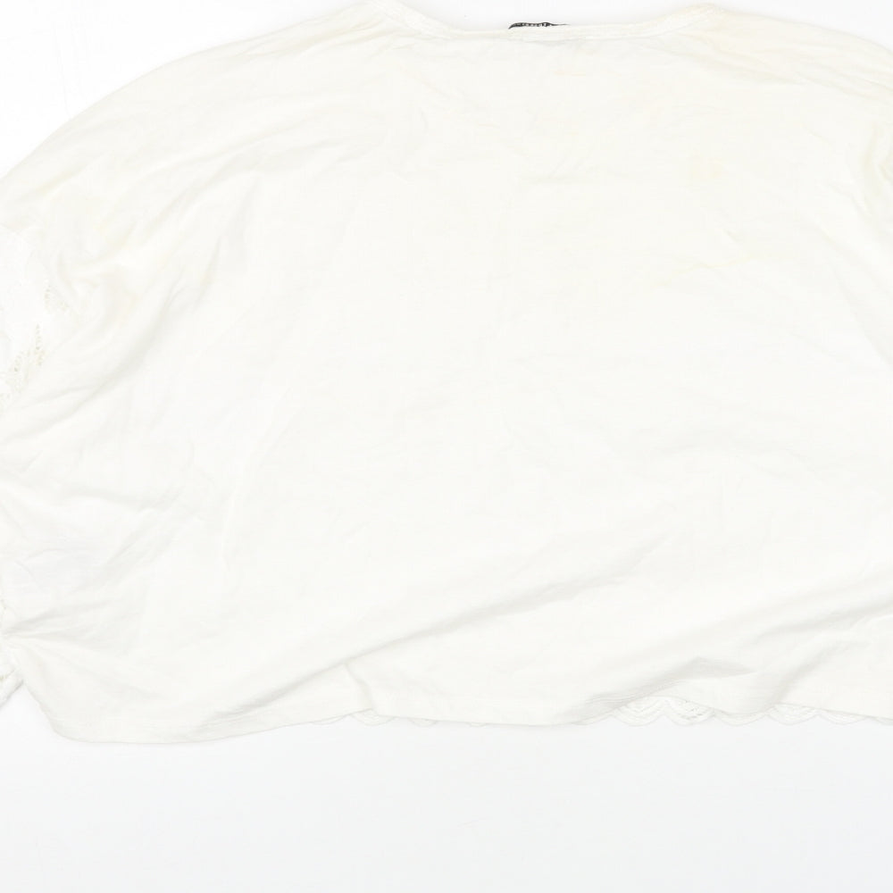Zara Womens White Floral Cotton Cropped Blouse Size M Round Neck