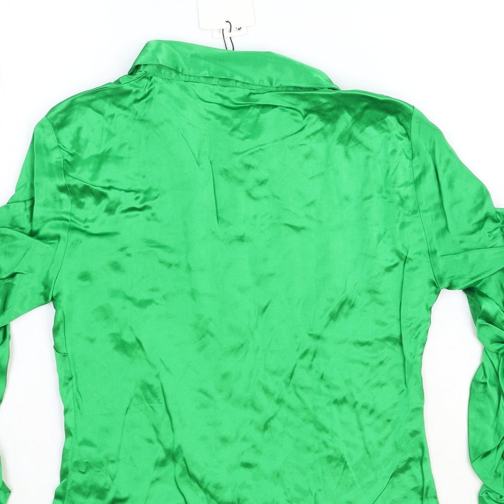 Zara Womens Green Viscose Basic Button-Up Size XS Collared - Ruched Sleeve