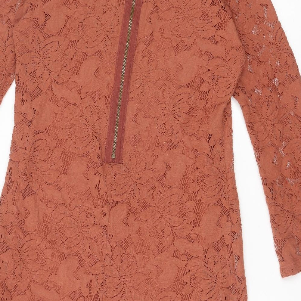 Wallis Womens Brown Floral Nylon Bodycon Size M Boat Neck Zip