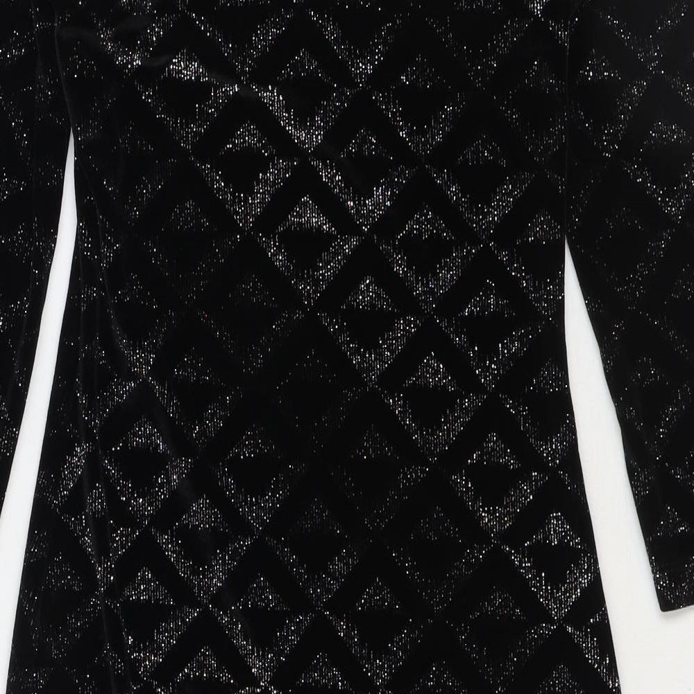 Warehouse Womens Black Geometric Polyester Bodycon Size 8 Scoop Neck Pullover