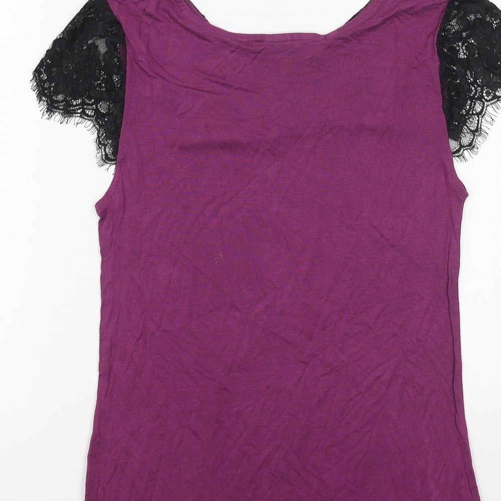 Warehouse Womens Purple Cotton Basic T-Shirt Size 10 Boat Neck - Lace Detail
