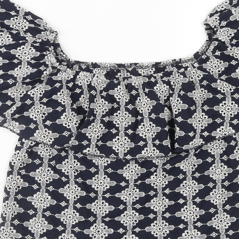 Zara Womens Blue Geometric Polyester Basic Blouse Size M Off the Shoulder