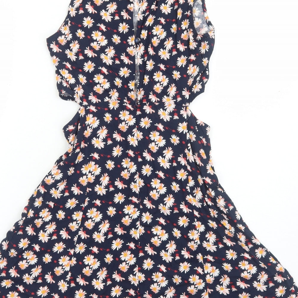 Miss Selfridge Womens Blue Floral Viscose Fit & Flare Size 6 Boat Neck Button
