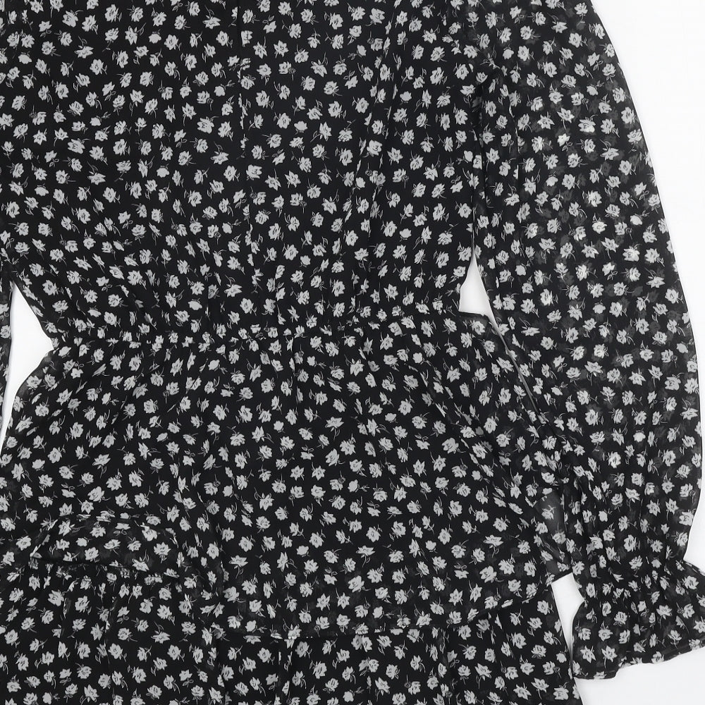 Divided Womens Black Floral Polyester Mini Size 10 Round Neck Button