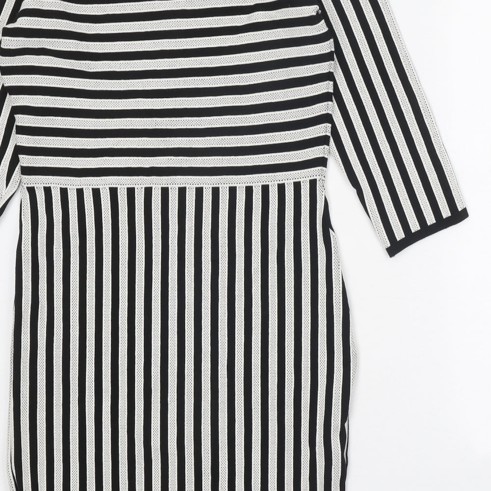 H&M Womens Black Striped Viscose Jumper Dress Size L V-Neck Pullover