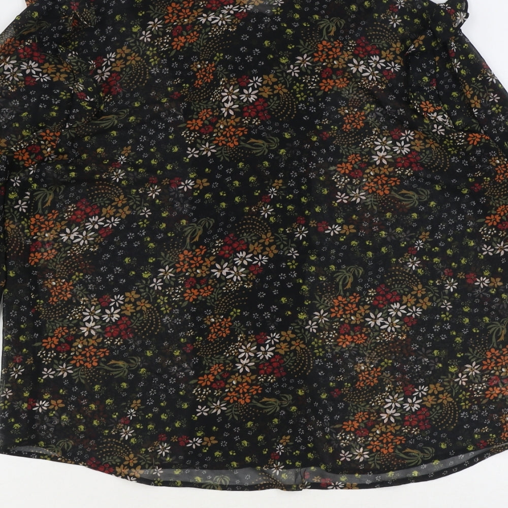 Label Lab Womens Black Floral Viscose Basic Button-Up Size 14 Mock Neck