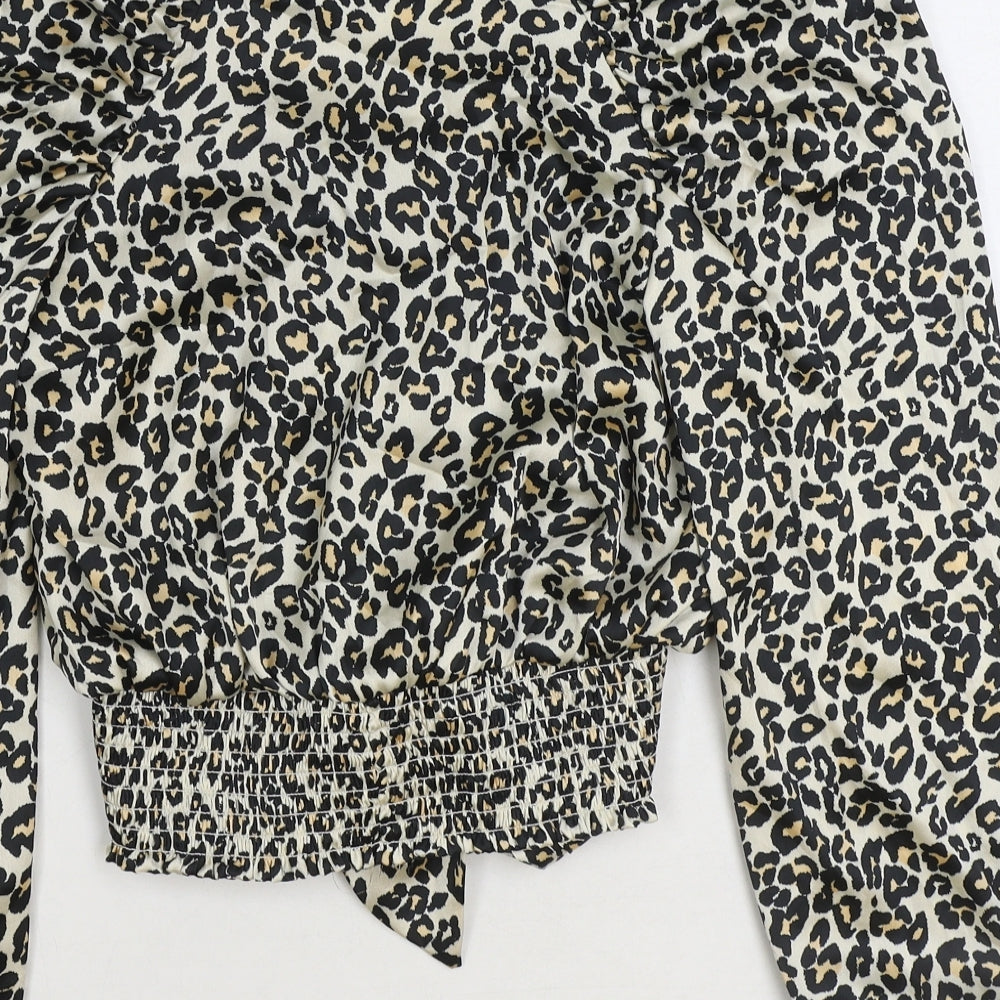 Topshop Womens Brown Animal Print Polyester Cropped Blouse Size 6 V-Neck - Leopard Print Tie Front