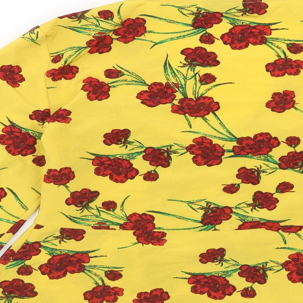 Topshop Womens Yellow Floral Polyester Basic Blouse Size 10 V-Neck