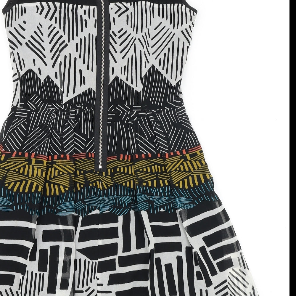 Marks & Spencer Womens Black Geometric Polyester Fit & Flare Size 8 Round Neck Zip
