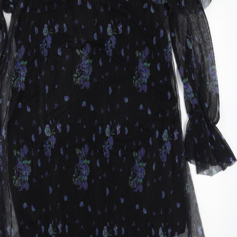 River Island Womens Black Geometric Polyester A-Line Size 10 Round Neck Button - Cold Shoulder
