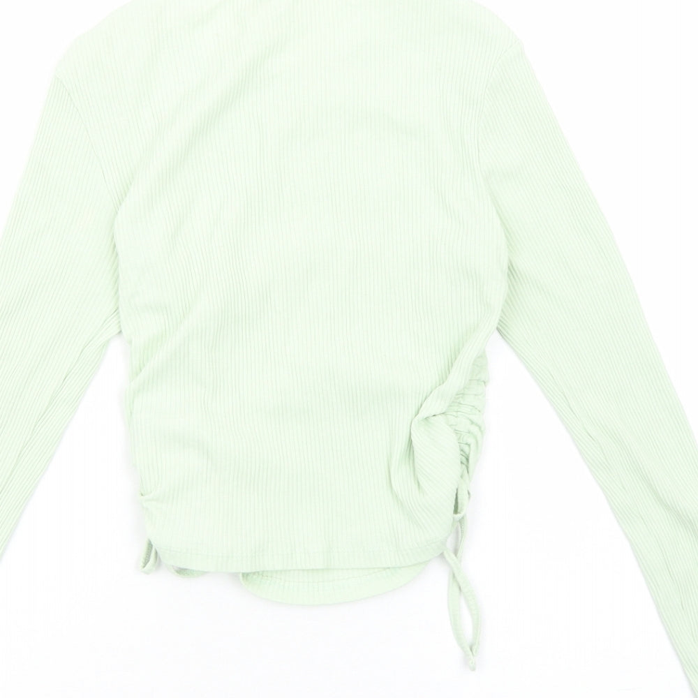 H&M Womens Green Viscose Cropped Blouse Size S Scoop Neck - Ribbed Side Ruched