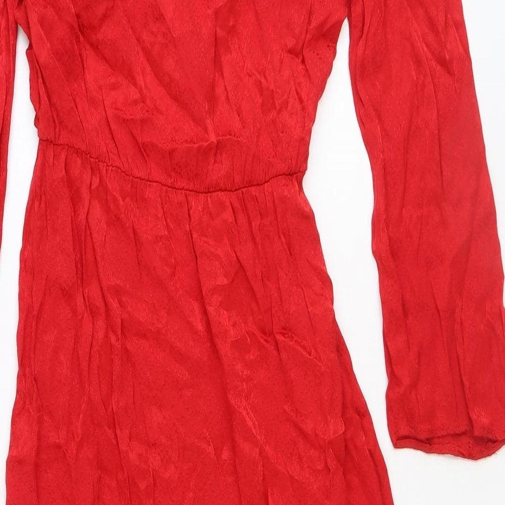 Topshop Womens Red Polyester Fit & Flare Size 10 V-Neck Tie