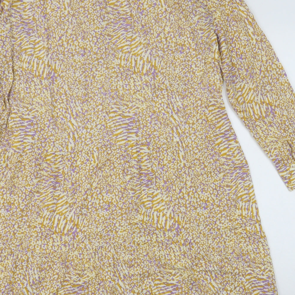 Milano Womens Yellow Geometric Viscose A-Line Size 10 V-Neck Button