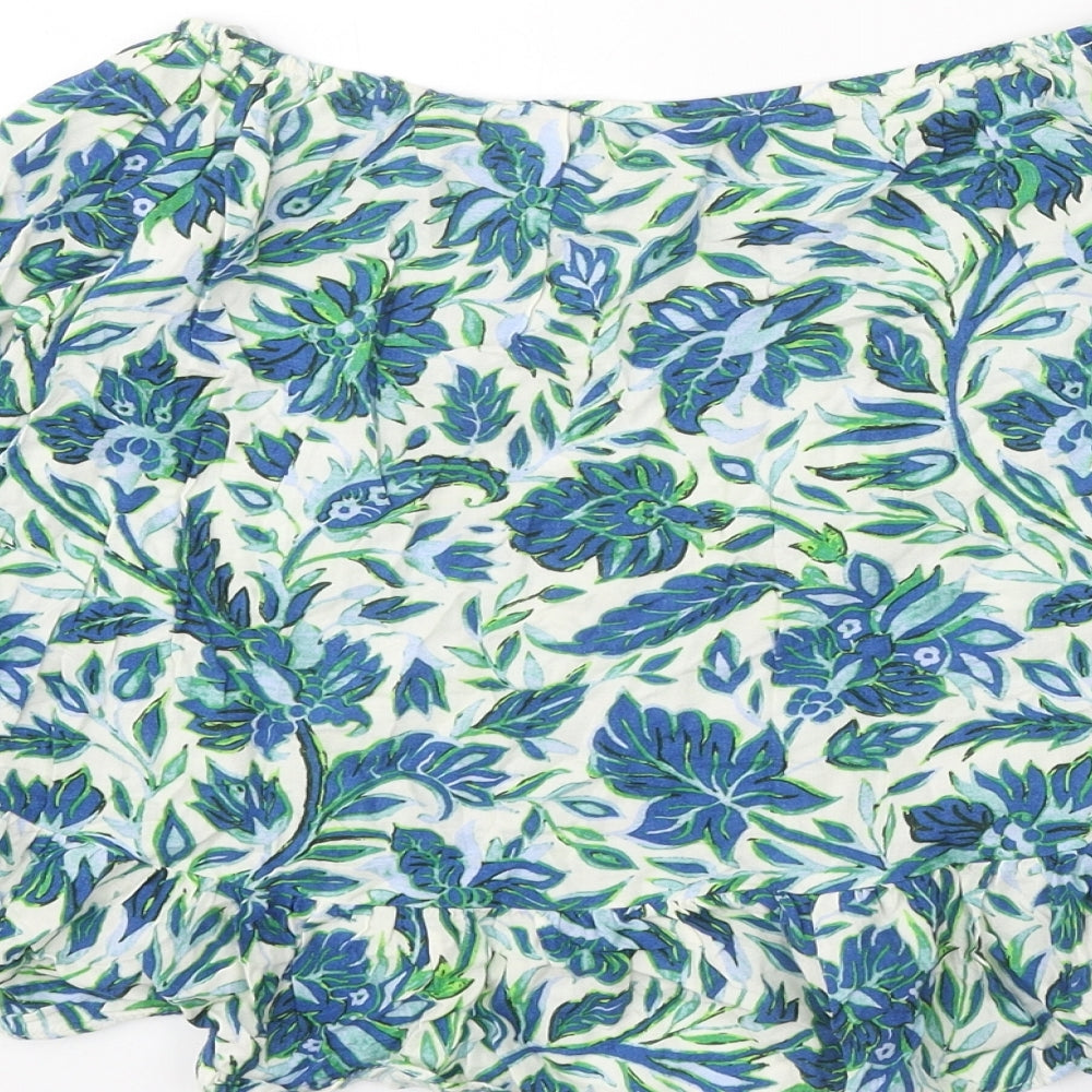 Topshop Womens Blue Floral Viscose Basic Blouse Size 6 Boat Neck