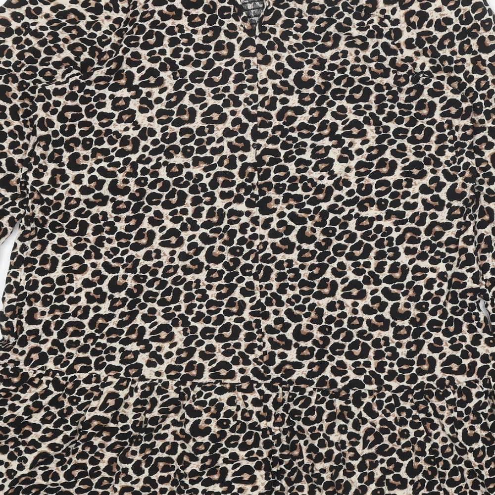Preworn Womens Brown Animal Print Polyester Shirt Dress One Size Round Neck Button - Leopard print