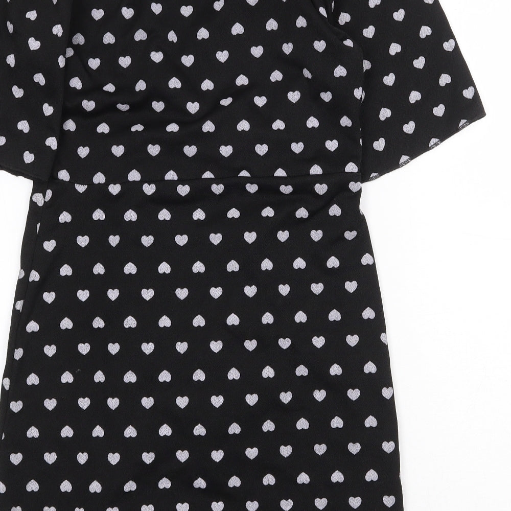 Preworn Womens Black Geometric Polyester Wrap Dress Size 10 V-Neck Pullover - Heart Pattern
