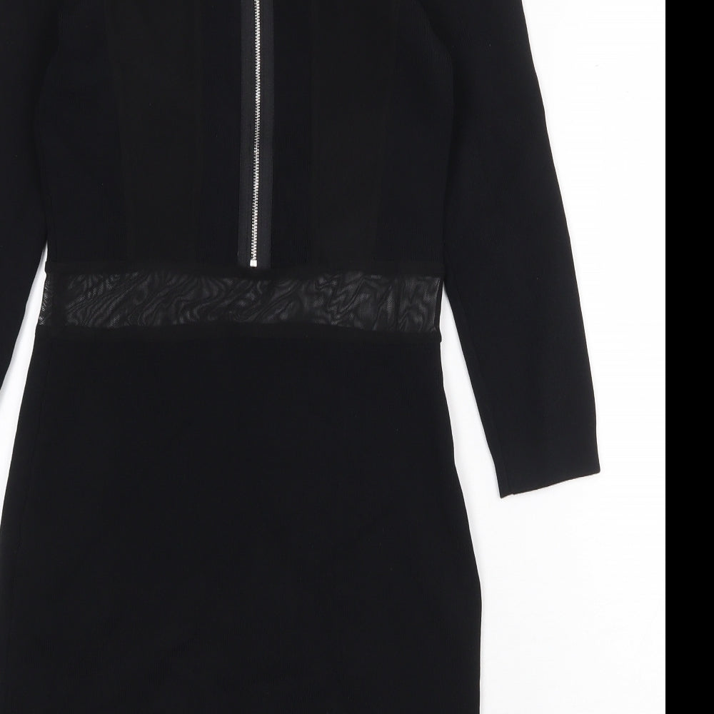 ASOS Womens Black Nylon Bodycon Size 10 Boat Neck Zip - Mesh Panels