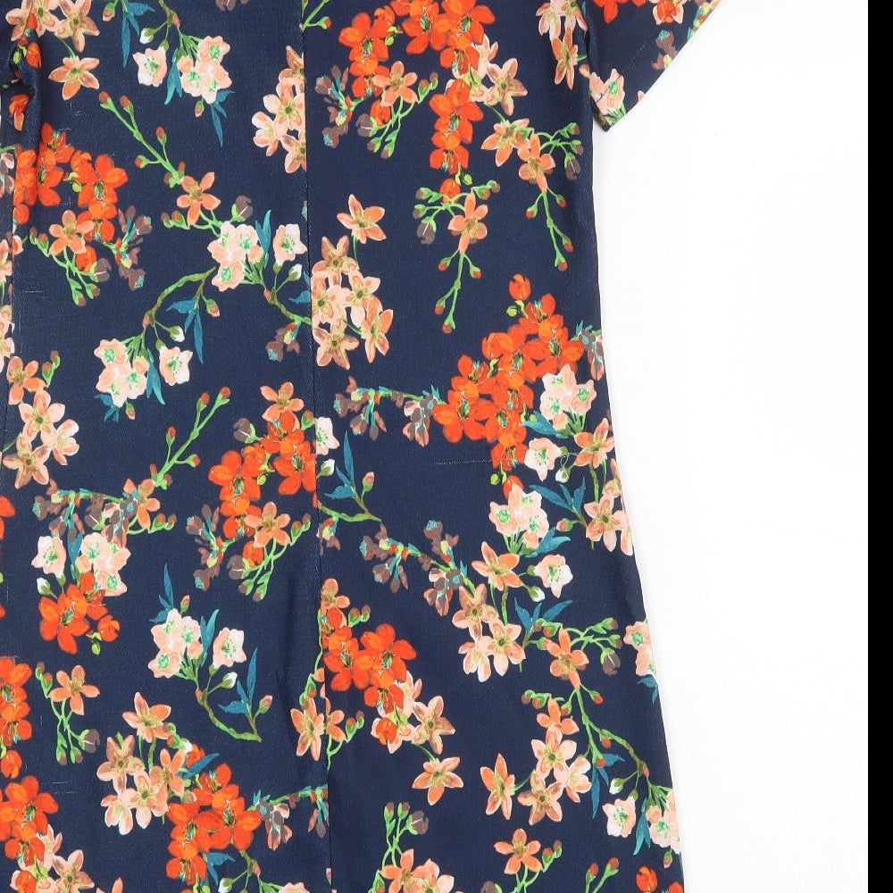 Yumi Womens Blue Floral Polyester A-Line Size 8 Round Neck Zip