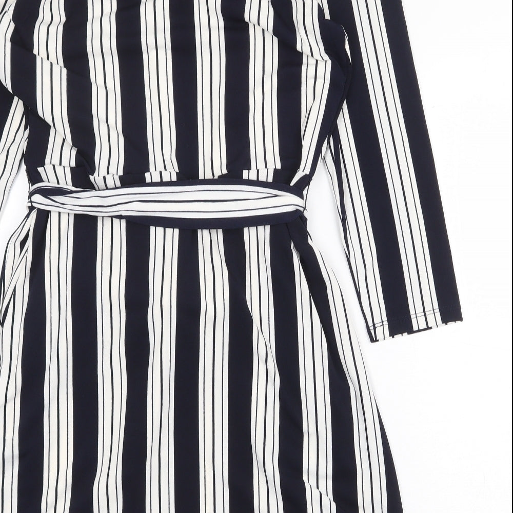 H&M Womens Blue Striped Polyester A-Line Size S V-Neck Tie