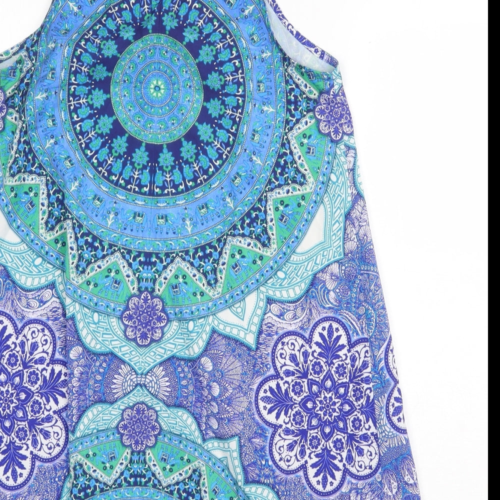 Kiss the Sky Womens Blue Geometric Polyester Shift Size XS Round Neck Button