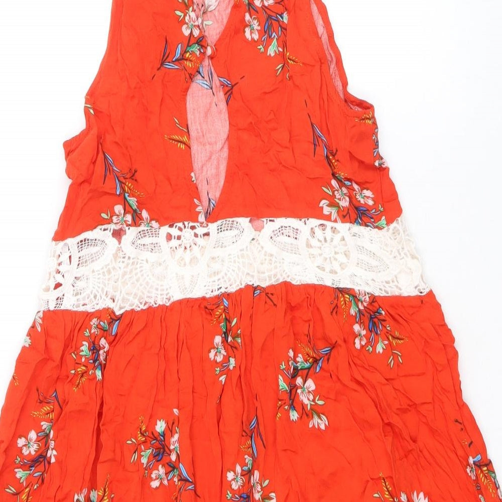 MINKPINK Womens Red Floral Viscose Fit & Flare Size S Scoop Neck Button