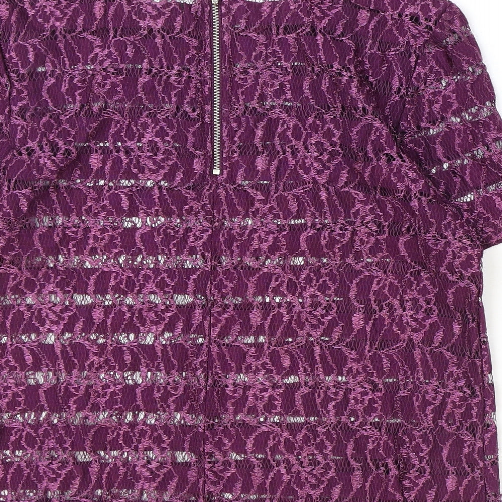 Dorothy Perkins Womens Purple Floral Polyamide Basic T-Shirt Size 8 Boat Neck