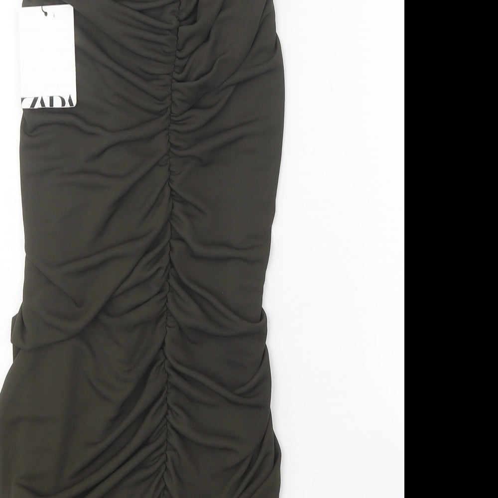 Zara Womens Green Herringbone Polyester Mini Size XS One Shoulder Tie