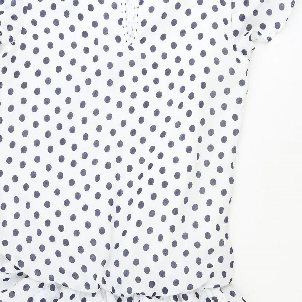 NEXT Womens White Polka Dot Polyester A-Line Size 8 Round Neck Button