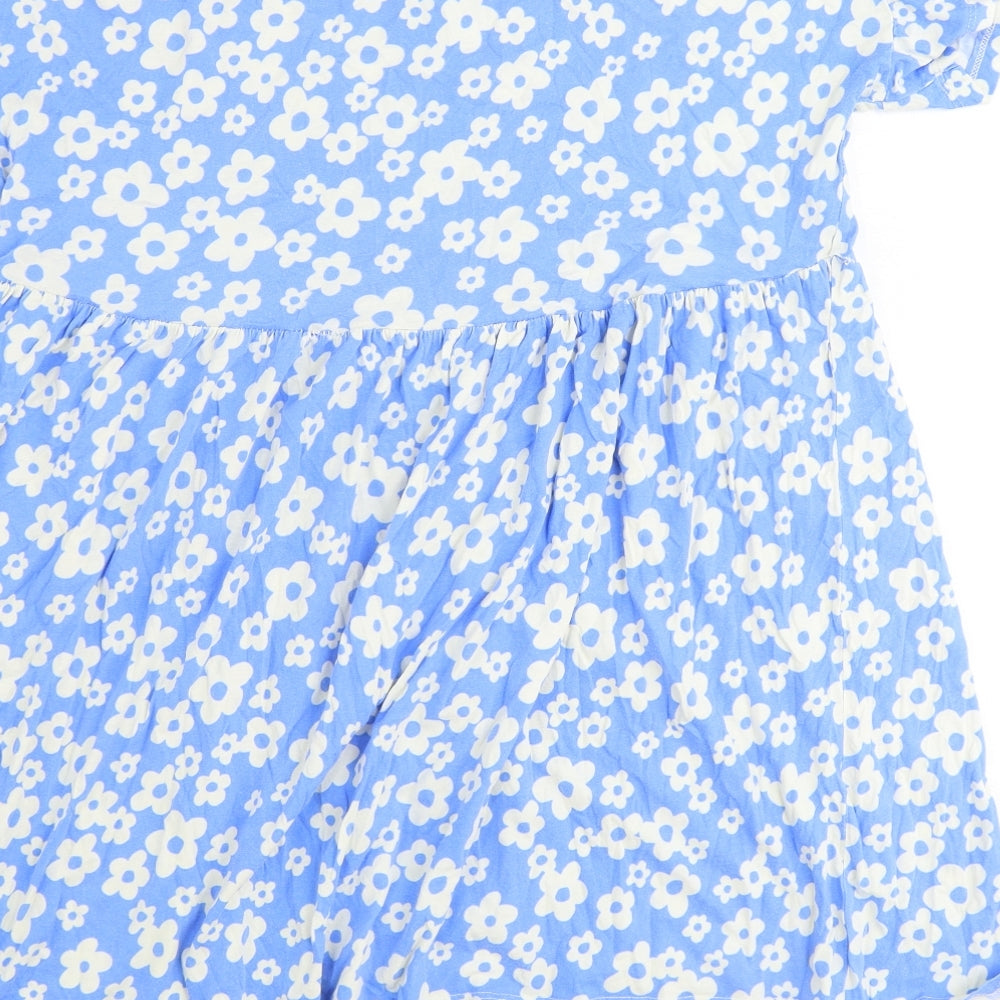 New Look Womens Blue Floral Polyester Basic T-Shirt Size 6 Round Neck