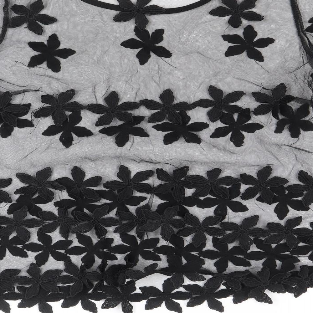 Lily McBee Womens Black Floral Polyester Basic Blouse Size S Round Neck