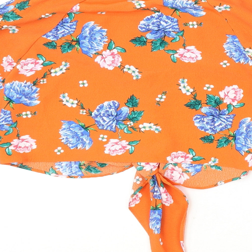 Topshop Womens Orange Floral Polyester Cropped Blouse Size 4 V-Neck